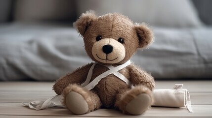 Bear with bandage laying in bed