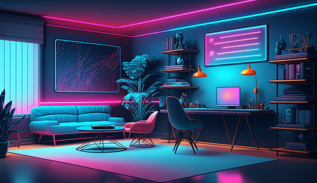 Business office room decor neon colors interiors design AI Generated image