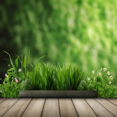 Wooded podium with blur green nature background. Generative AI