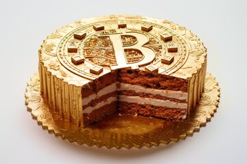 sculptural masterpiece of a bitcoin cake, intricately crafted from chocolate and fondant. As a nod to halving event, represents the future potential and innovation of the cryptocurrency. AI-Generated.