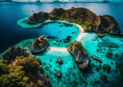 breathtaking beauty of the Banda Islands within the Moluccas archipelago in Indonesia. The scene unfolds with Pulau Gunung Api, a volcanic island, dominating the landscape. Generative AI.