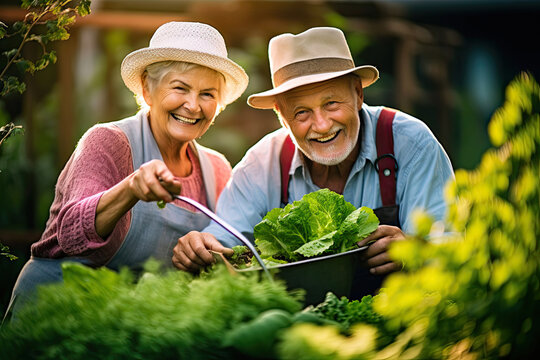 Radiant Senior Couple Finds Bliss in Gardening. Generative AI