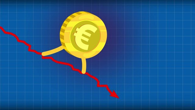 Euro rate still goes down seamless loop big flat color. Walking down coin. Money character falling down fast. Funny business cartoon.