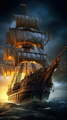 Ship at sunset. AI generated art illustration.
