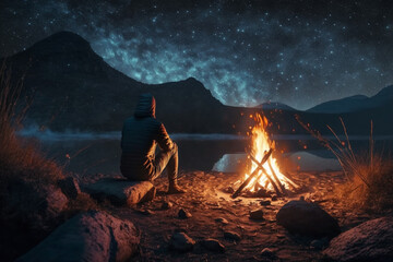 Underneath a celestial canopy of twinkling stars, people relax around a warm campfire, enjoying the tranquility of the night. Generative AI.