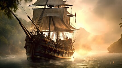 Fototapeta premium Ship at sunset. AI generated art illustration. 