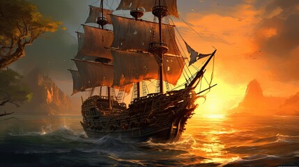 Obraz premium Ship in the sunset. AI generated art illustration. 