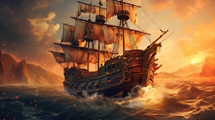 Obraz premium Ship in the sunset. AI generated art illustration. 