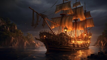 Ship in the sunset. AI generated art illustration.
