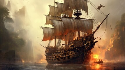Ship in the sunset. AI generated art illustration.
