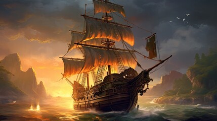Ship in the sunset. AI generated art illustration.

