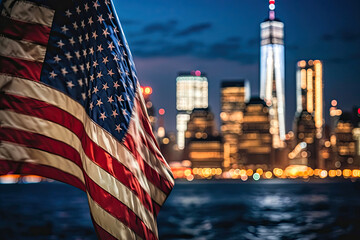 American Flag Glowing against NYC Night. Generative AI