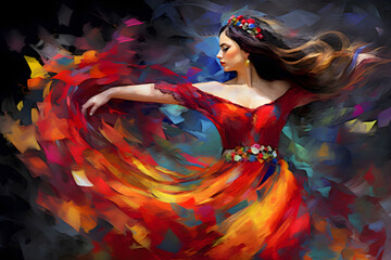 Flamenco Spanish Dancers abstract art with vivid passionate colours, digital art - obrazy, fototapety, plakaty