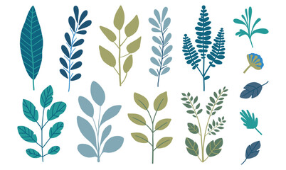 Fototapeta premium Simple flat leafs and Branches vector set, Isolated on white, Eco exotic floral collection, minimal abstract plants 
