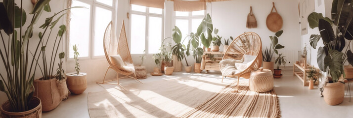 Fototapeta premium Cozy eco,house with room with rattan chairs, jute rugs on the floor and giant Monstera Deliciosa plant, Natural sustainable materials in eco,friendly interior design, Generative AI