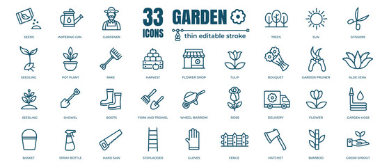 Simple set of Flower, Garden and Gardening Related Vector Line Icons. Contains thin Icons as Plant, Agriculture and gardener. Editable Stroke. 48x48 Pixel Perfect - obrazy, fototapety, plakaty