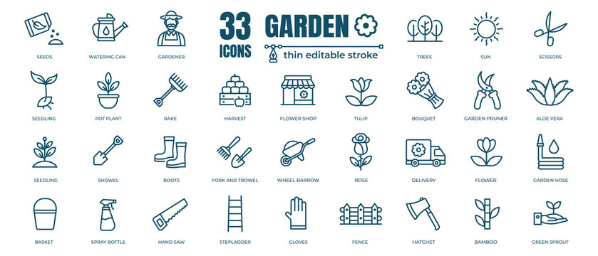 Simple set of Flower, Garden and Gardening Related Vector Line Icons. Contains thin Icons as Plant, Agriculture and gardener. Editable Stroke. 48x48 Pixel Perfect
