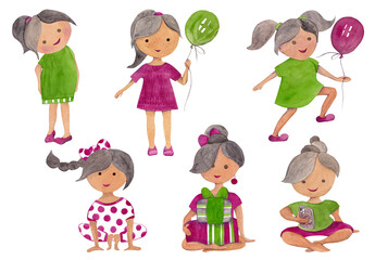 Summer school holidays. Schoolgirl in different outfits and poses. Set of watercolor illustrations. Ideal for postcards, greetings, school cards