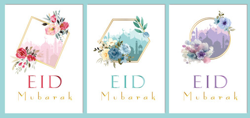 Set of Floral Eid Mubarak cards with mosque in red, green and purple colours on white background and watercolour flowers, anniversary invitation, minimalist design, vector 
