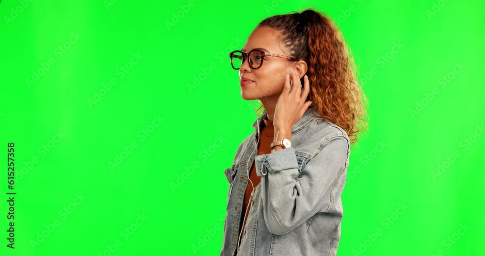 Canvas Prints Green screen, music and woman with earphones to relax listening to song, audio and radio in studio. Happy, calm and female person on chromakey background for streaming track, podcast and sound