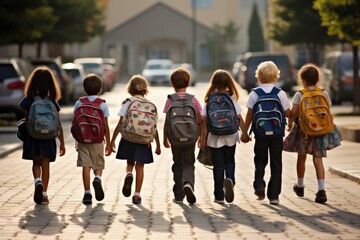 The back view of a group of diverse school children, their backpacks. Generative AI