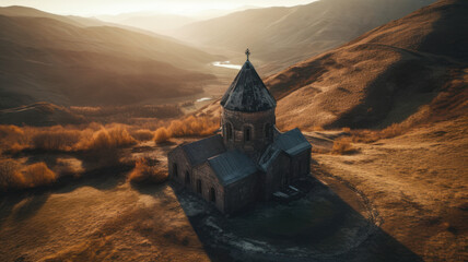 Aerial view of Gergeti trinity church at sunrise in Georgia. Generative AI