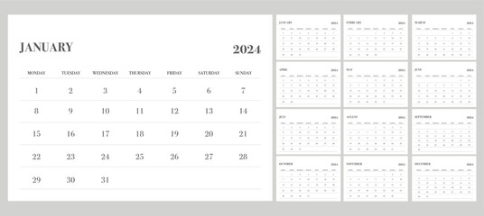 Calendar 2024 with week start from monday, minimalist design