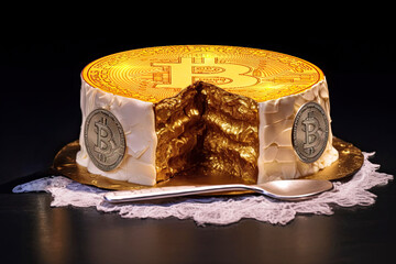 cake sculpted in Bitcoin shape with edible gold accents, symbolizing the halving event's value and rarity. Reduction in mining rewards makes Bitcoin cake representation of halving concept AI-Generated - 615257583
