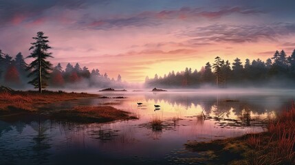 Fototapeta premium Sunset over lake. AI generated art illustration. 