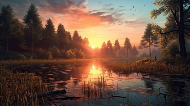 Sunset over lake. AI generated art illustration. © Дима Пучков