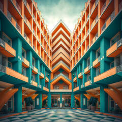 Fototapeta premium Exterior of modern apartment building. Square composition. 3D render of a modern apartment building in the city. AI generated