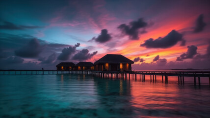 Amazing sunset panorama at Maldives. Luxury resort villas seascape with soft led lights under colorful sky. Beautiful twilight sky and colorful clouds. Beautiful beach background. Generative AI