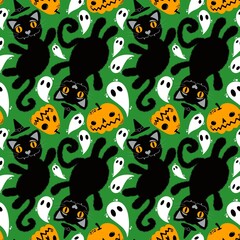 Halloween cartoon black cats seamless animals fluffy monsters pattern for wrapping paper and fabrics and linens