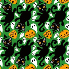 Halloween cartoon black cats seamless animals fluffy monsters pattern for wrapping paper and fabrics and linens