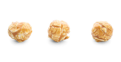 Tasty caramel popcorn isolated on white background