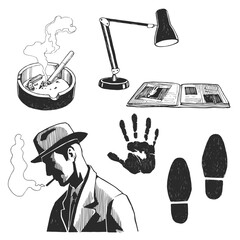 Vector hand-drawn illustration with a smoking man in a hat, whose face is in shadow. Graphic sketch elements for design on the theme of a private detective - 615258585