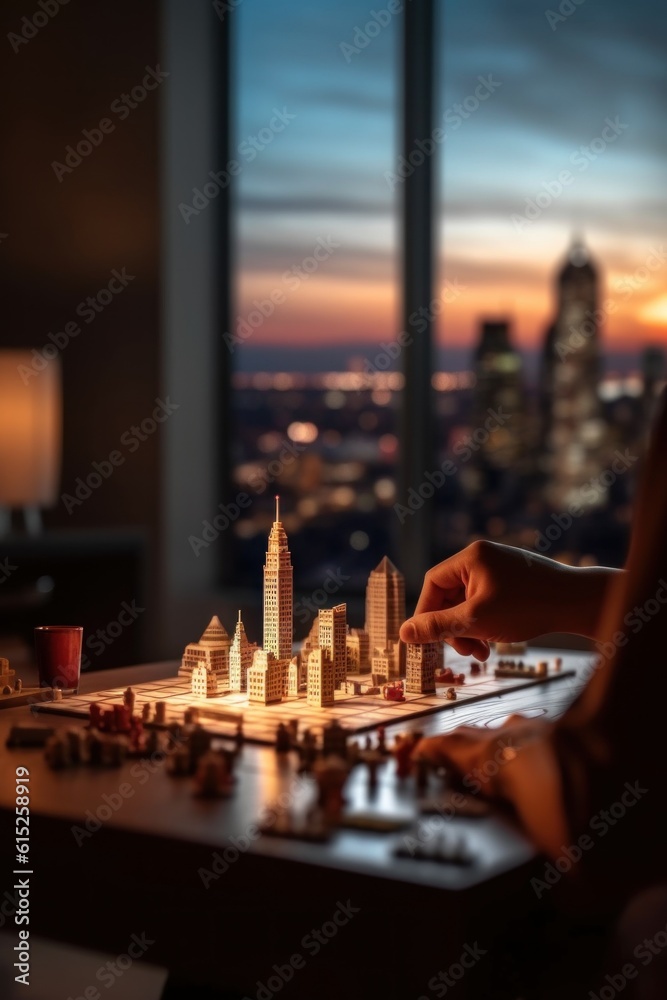 Poster a person playing a game of chess in front of a window. generative ai image.