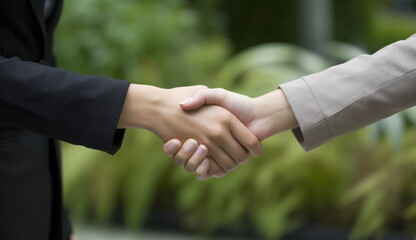 Close up of two people shaking hands. Based on Generative Ai.