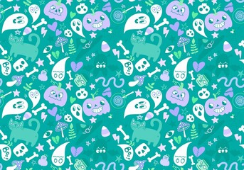 Cartoon Halloween seamless pumpkins and skulls and ghost and cat pattern for wrapping paper and fabrics 