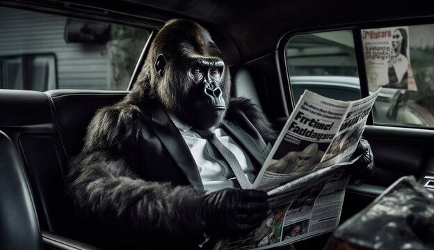 Gorilla with black suit reading newspaper back seat of the car. Based on Generative Ai.