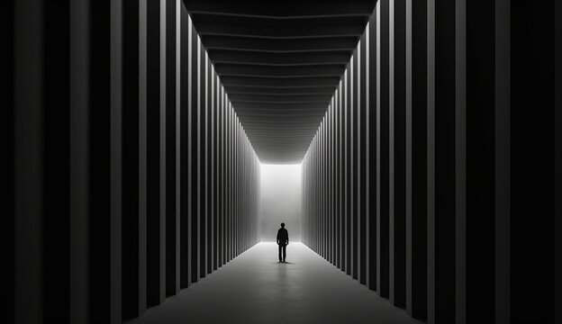Dark empty room with the silhouette of a man standing alone. Based on Generative Ai.
