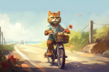 happy and carefree cat riding a bike in the summertime. Generative AI Technology.