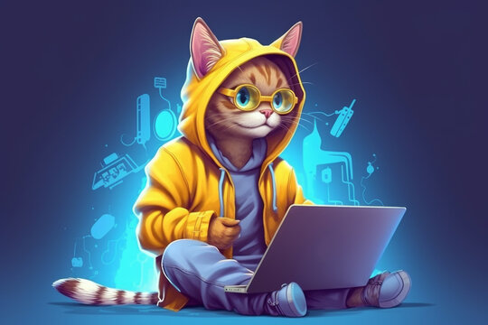 whimsy and creativity of a cat dressed as a designer, wearing a knitted hat and glasses, hard at work on a laptop, exuding intelligence and ingenuity. Generative AI Technology.