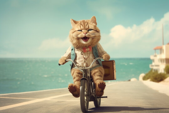 Happy And Carefree Cat Riding A Bike In The Summertime. Generative AI Technology.