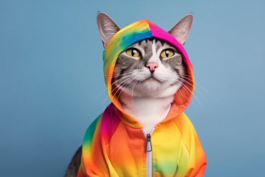 cat wearing a hoodie in the colors of the LGBTQ flag. Inclusivity, diversity, and representation, this image captures the spirit of pride and celebrates individuality. Generative AI Technology.