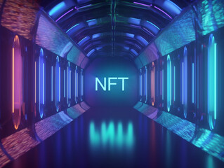 NFT text against a backdrop of virtual space. the futuristic and innovative aspects of blockchain technology and the art world