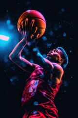 Fototapeta na wymiar A basketball player in a red uniform shooting a ball. Generative AI image.
