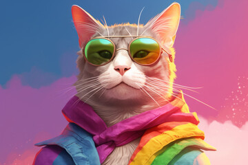 Celebrating diversity and inclusivity. This bold, colorful illustration features a charming cat wearing the iconic LGBT flag, perfect for pride events and related themes. Generative AI Technology.
