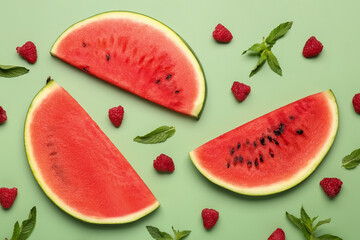 Pieces of fresh watermelon and raspberries on green background