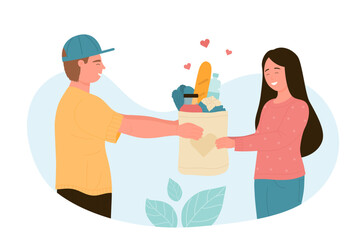 Volunteer giving paper bag with food to woman. Charity support, donation, help concept vector illustration